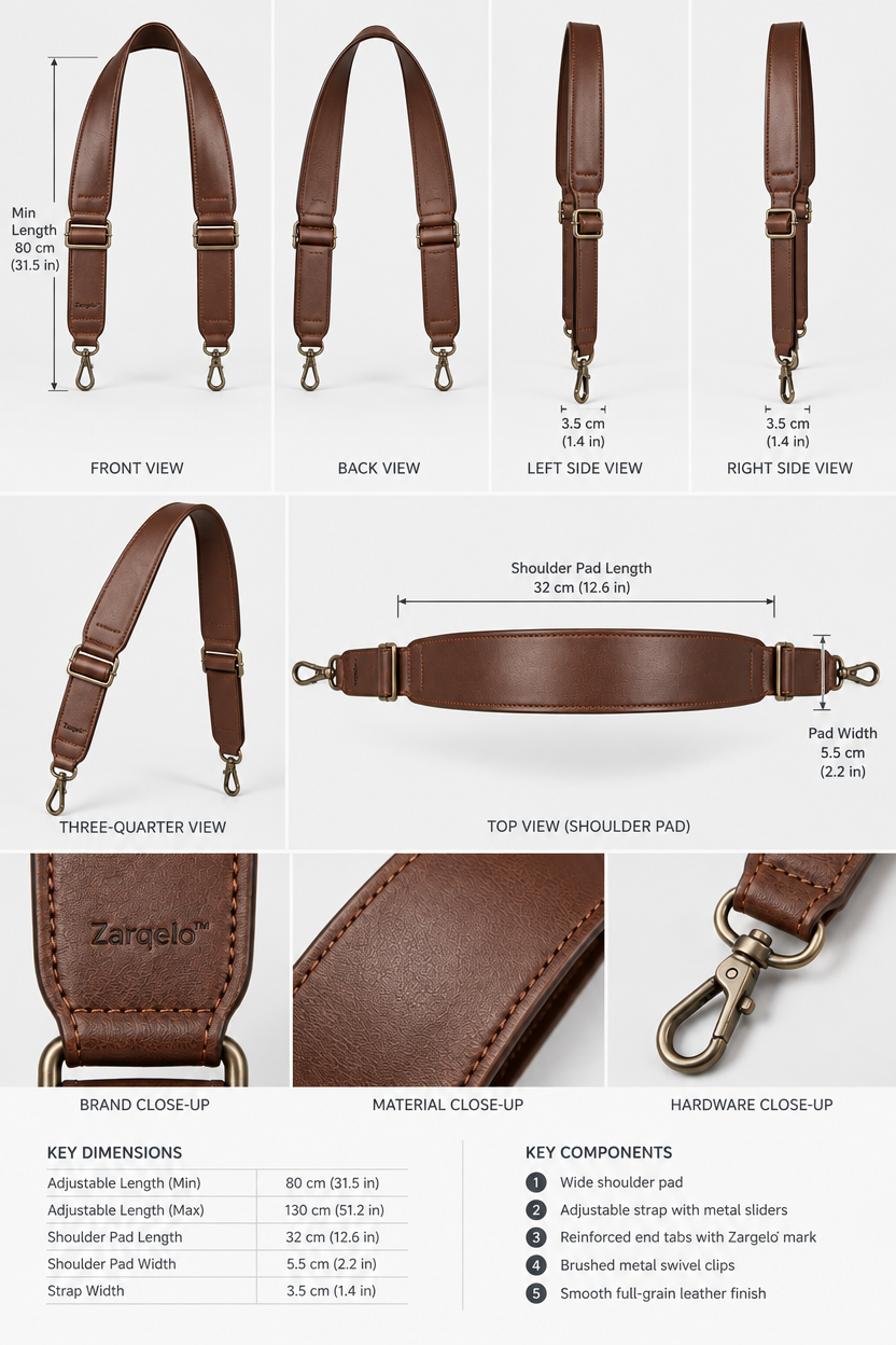 Zarqelo™ Adjustable Wide Leather Bag Strap structure and materials