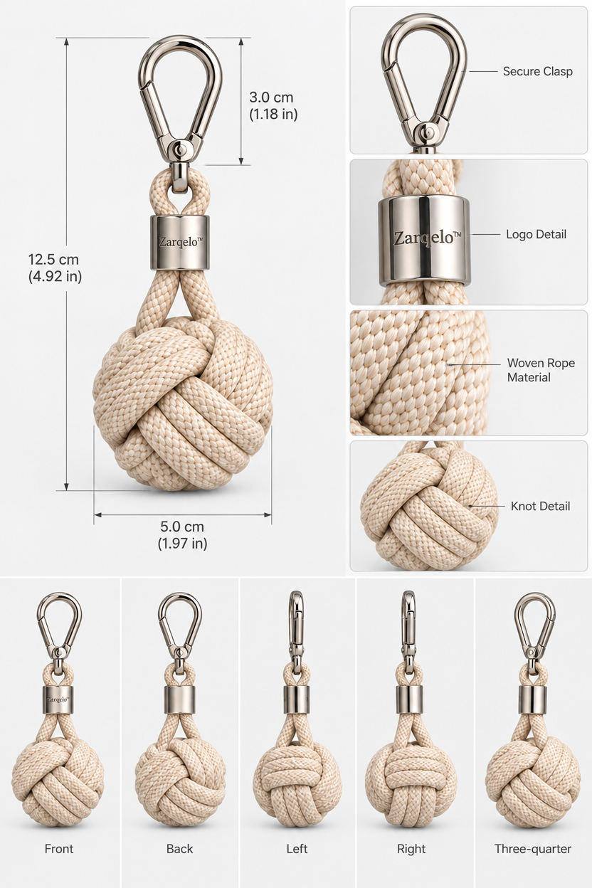 Zarqelo™ Woven Knot Bag Charm structure and materials