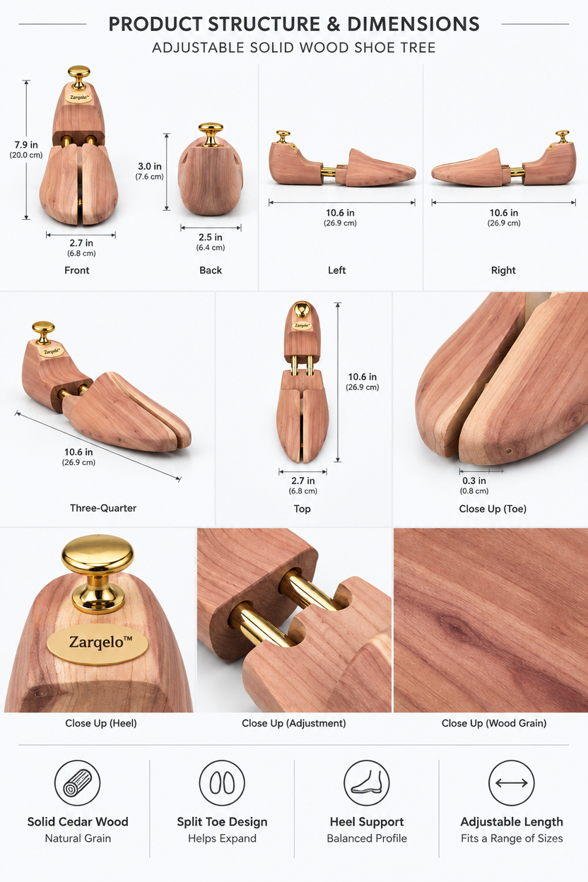 Zarqelo™ Adjustable Solid Wood Shoe Tree structure and materials
