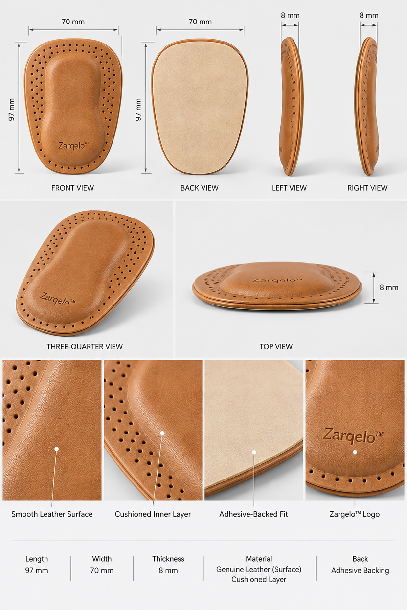 Zarqelo™ Leather Comfort Heel Pad structure and materials