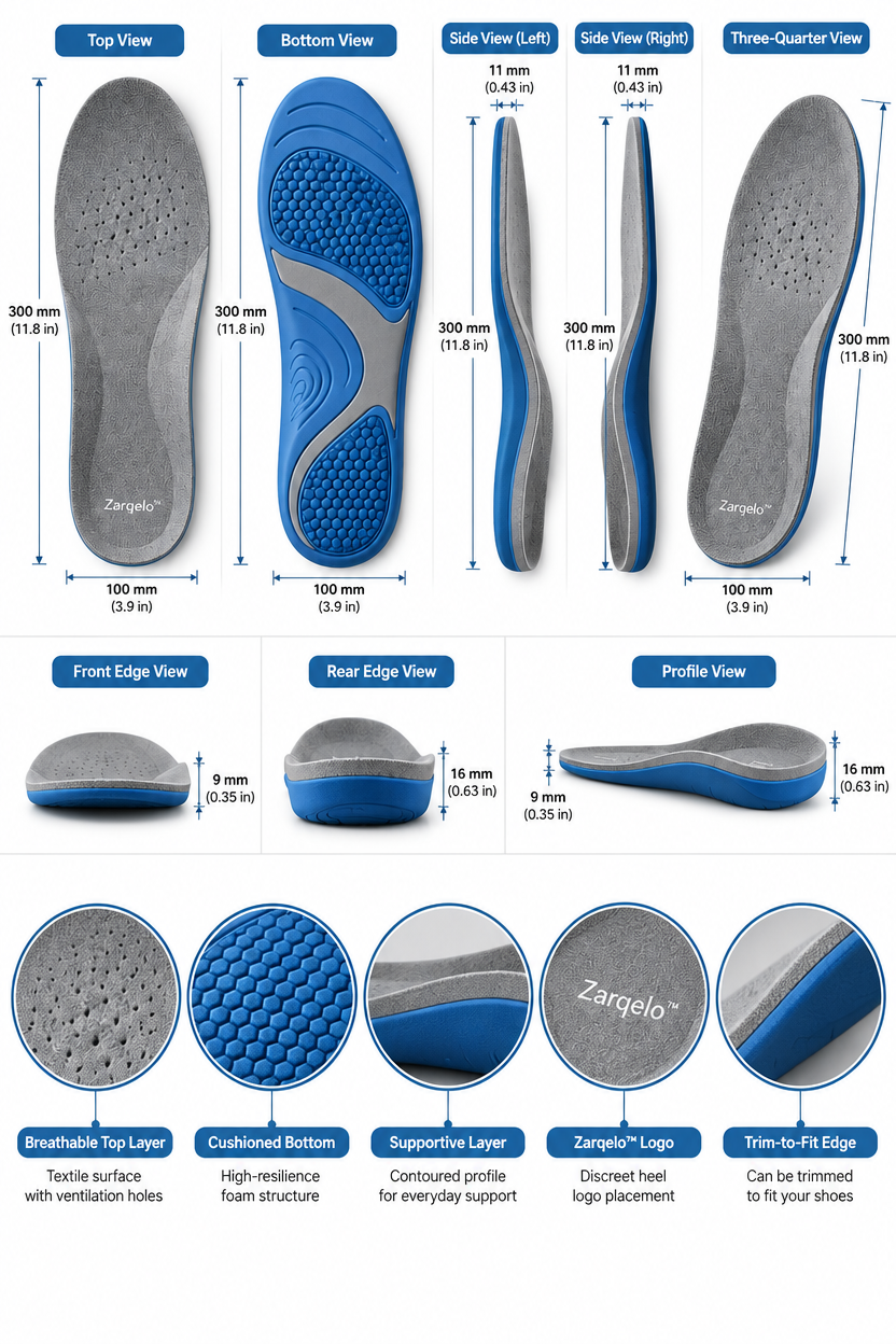 Zarqelo™ High-Resilience Cushion Insoles structure and materials
