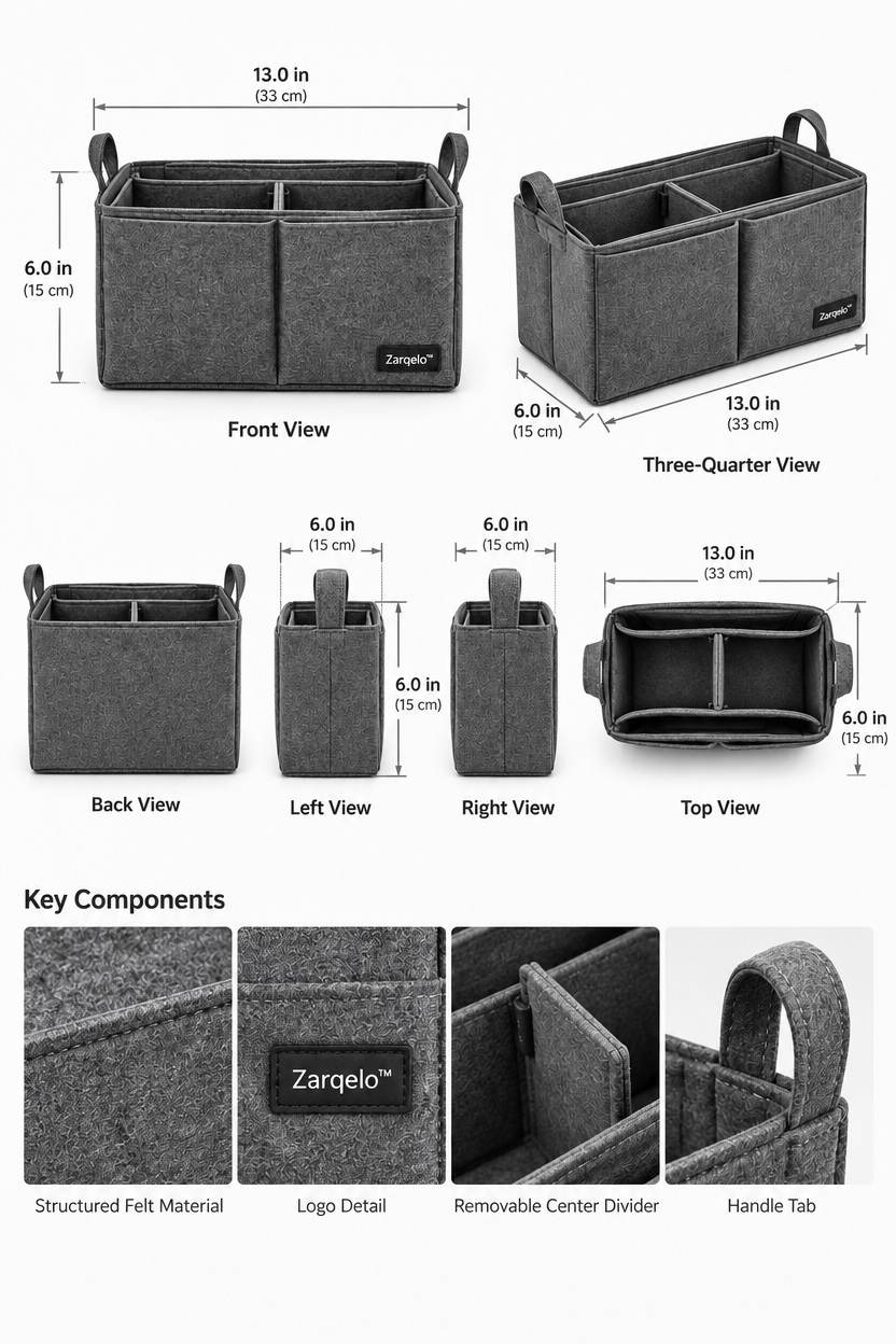 Zarqelo™ Adjustable Bag Organizer Insert structure and materials
